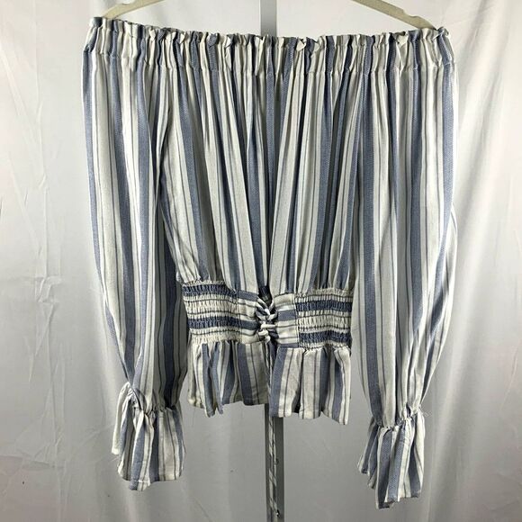 Sage The Label Off Shoulder Blousen Blue Striped 3/4 Sleeve Size XS - Picture 6 of 10